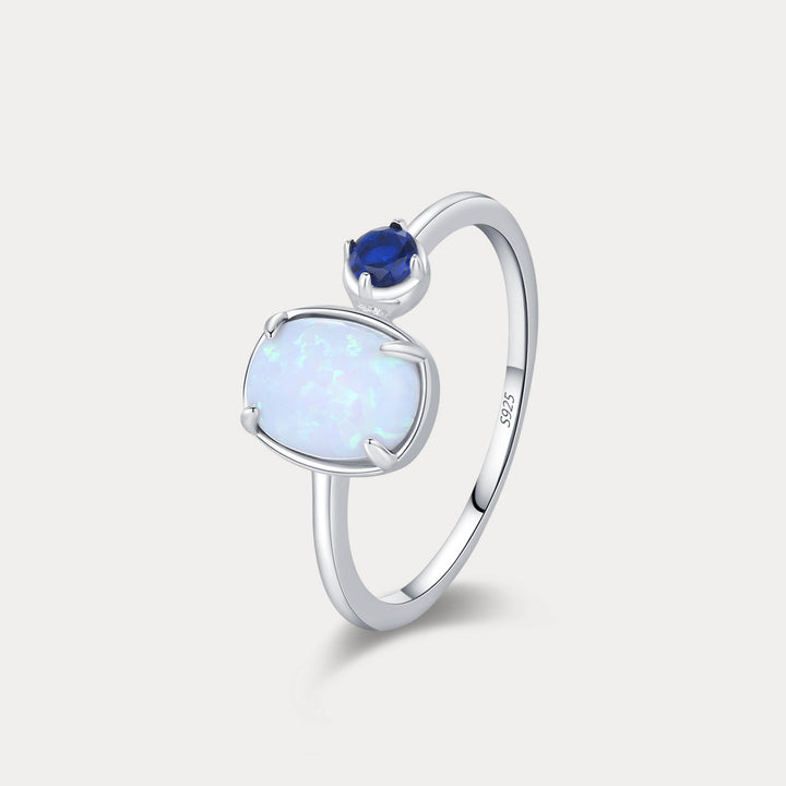Selenichast Cushion Cut Opal Ring with Iridescent Opal and Blue Accent Stone