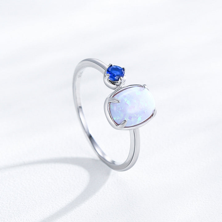 Selenichast Cushion Opal Gemstone Ring with Delicate Silver Band and Blue Accent