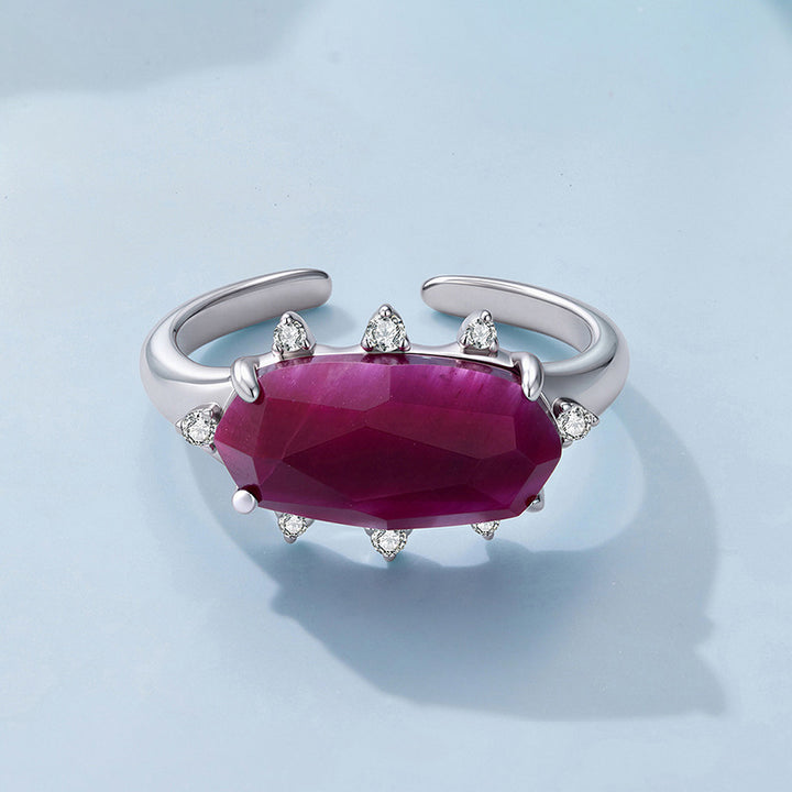 Selenichast Geometric Red Gemstone Ring in Rhodium Tone Setting
