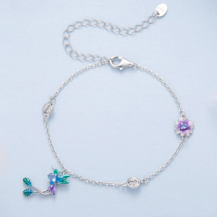 Selenichast Sterling Silver Hummingbird and Flower Bracelet with Extender Chain
