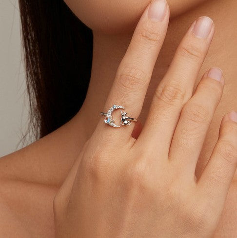 Selenichast Cat Ring for Women Worn on Hand with Moon Design