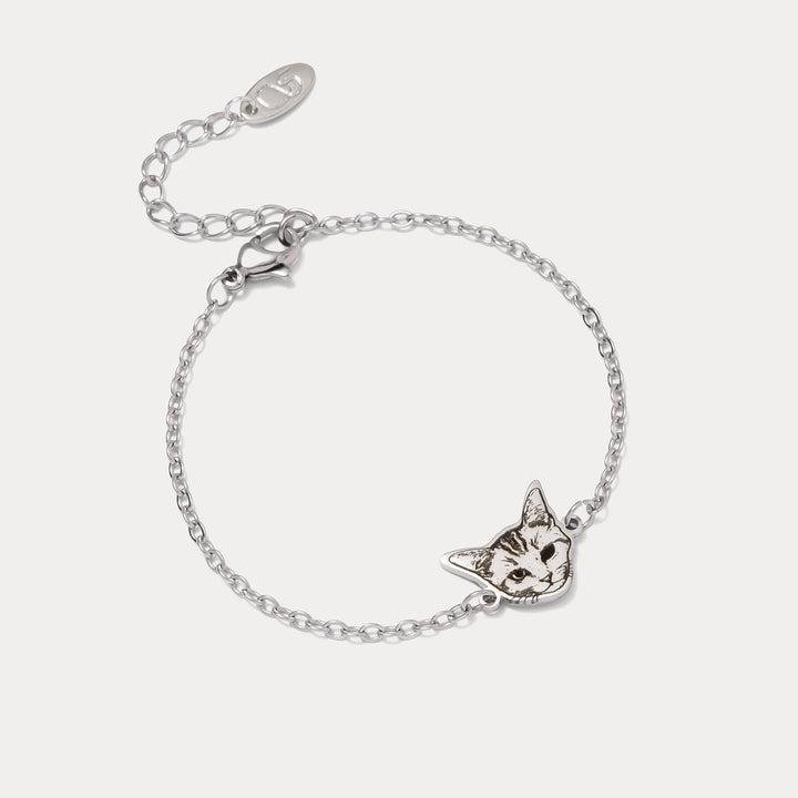 Selenichast Adjustable Silver Pet Portrait Bracelet with Cat Charm