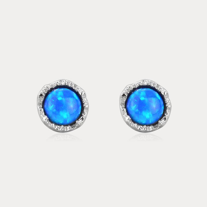 Selenichast Round Opal Bezel Stud Earrings with Vivid Blue Opal in Sterling Silver