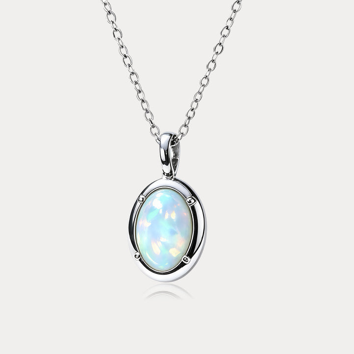 Selenichast Silver Oval Opal Necklace with Polished Pendant Setting