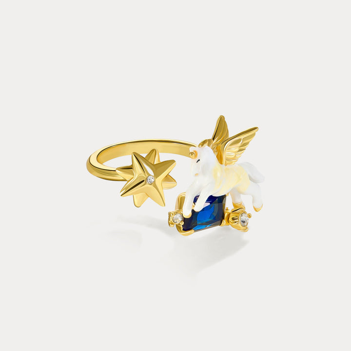 Selenichast Blue Gemstone Unicorn Ring with Gold Star Detail