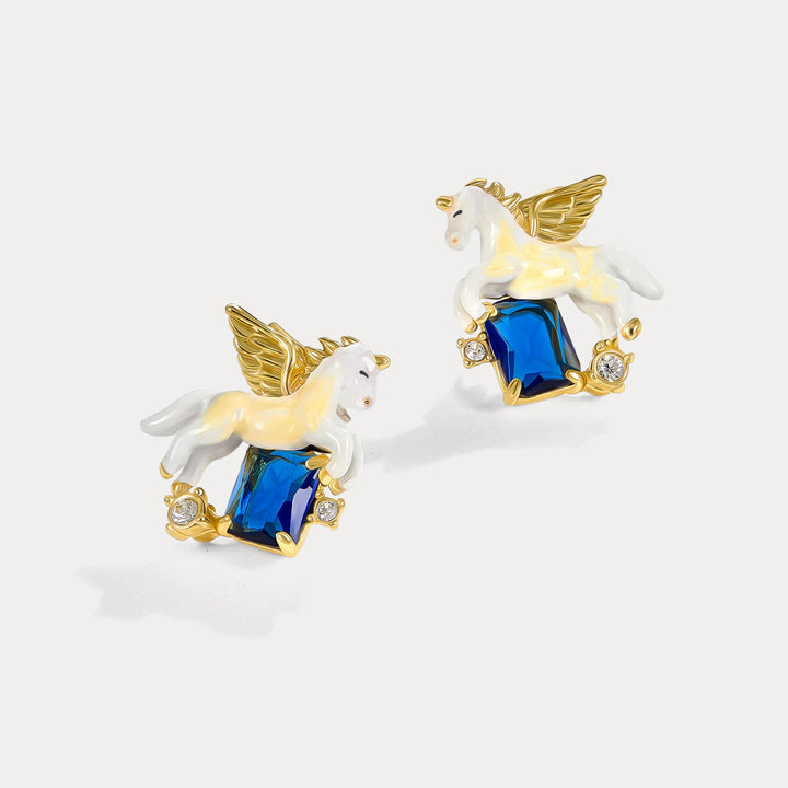 Selenichast Gold Unicorn Stud Earrings with Blue Gemstone Accents