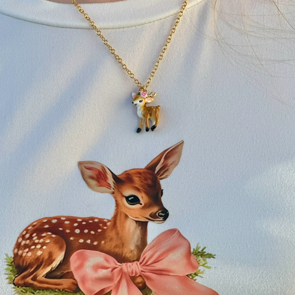 Selenichast Enamel Deer 18K Gold On Brass Pendant Necklace Animal