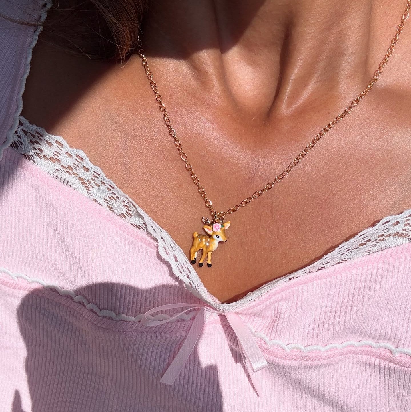 Selenichast Enamel Deer 18K Gold On Brass Pendant Necklace Animal