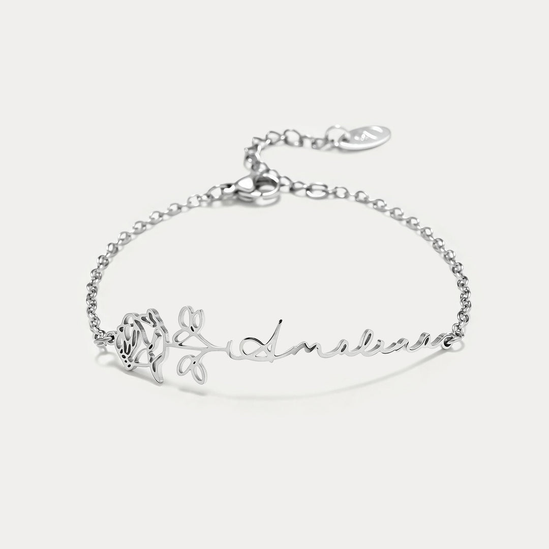 Selenichast Silver Birth Flower Personalized Name Bracelet with Custom Script Name