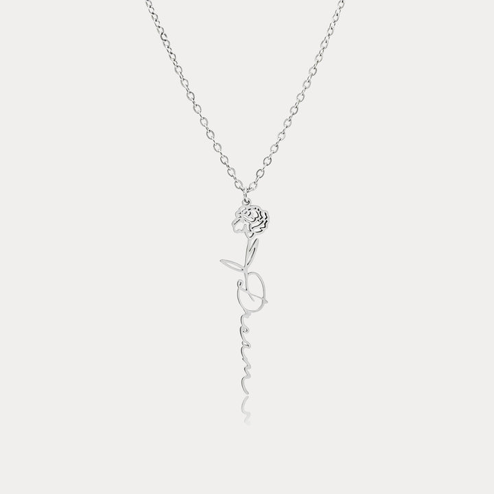 Selenichast Silver Birth Flower Personalized Name Necklace with Custom Script Name