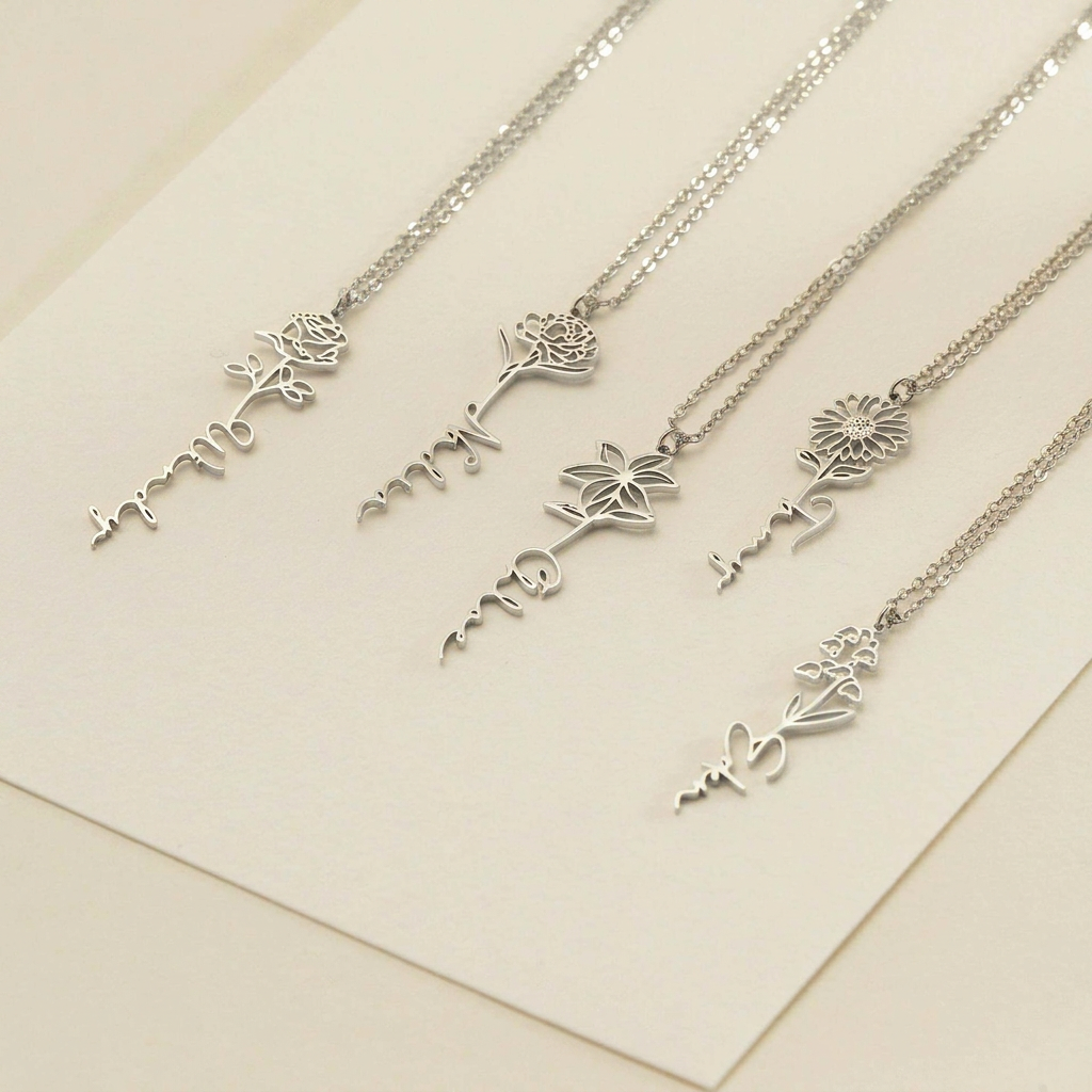 Selenichast Custom Name Necklace with Multiple Silver Birth Flower Designs