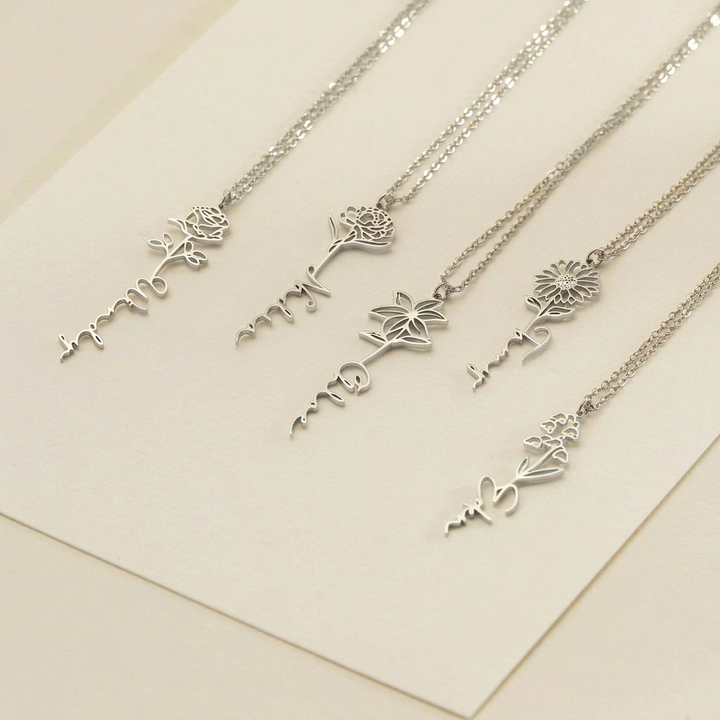 Selenichast Custom Name Necklace with Multiple Silver Birth Flower Designs