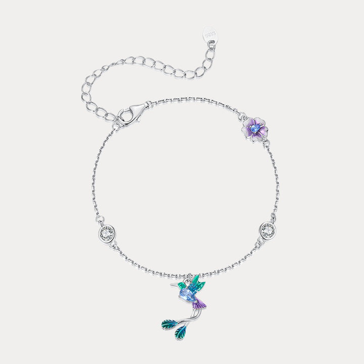 Selenichast Silver Hummingbird Bracelet with Purple Flower and Blue Bird Charm