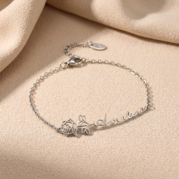 Selenichast Silver Personalized Birth Flower Bracelet with Floral Name Design