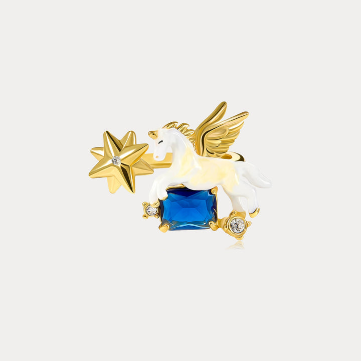 Selenichast Unicorn Star Ring with Blue Gemstone and Gold Wings