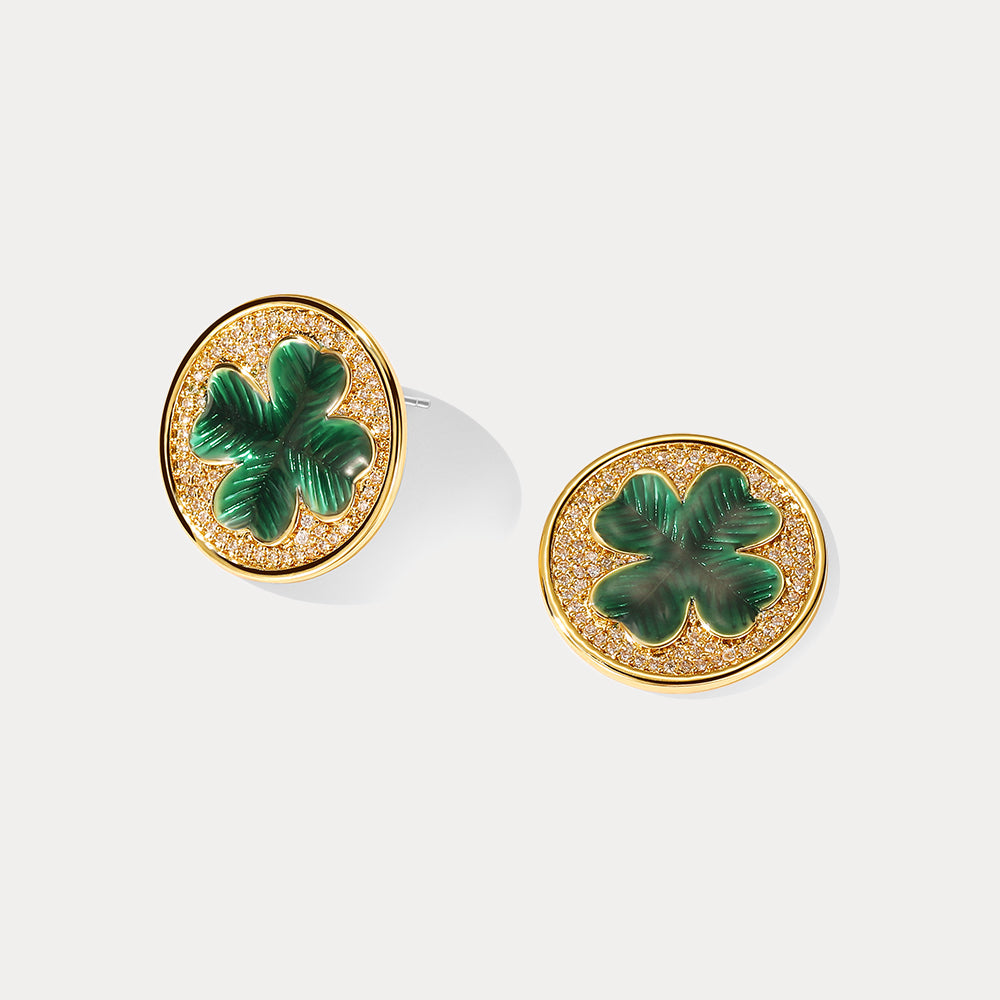 Selenichast Four leaf Clover Coin Stud Enamel Earrings