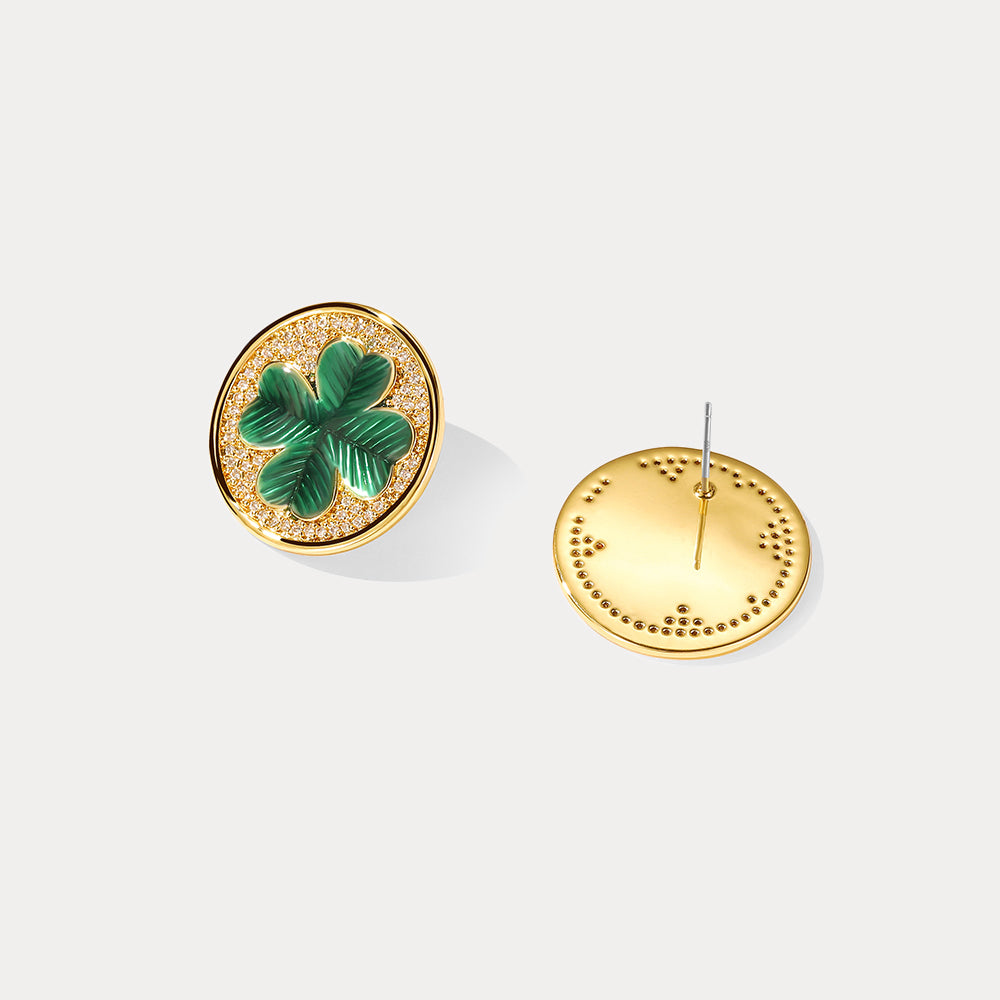 Selenichast Four leaf Clover Coin Stud Diamond Earrings