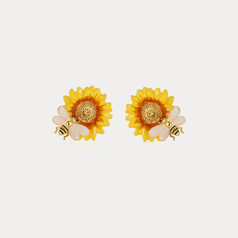 Sunflower & Bee Stud Sparkly Earrings