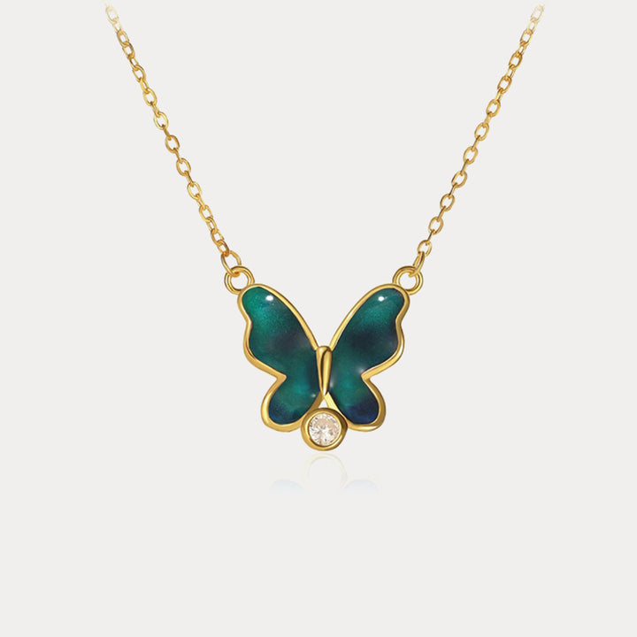 thermochromic green butterfly enamel necklace