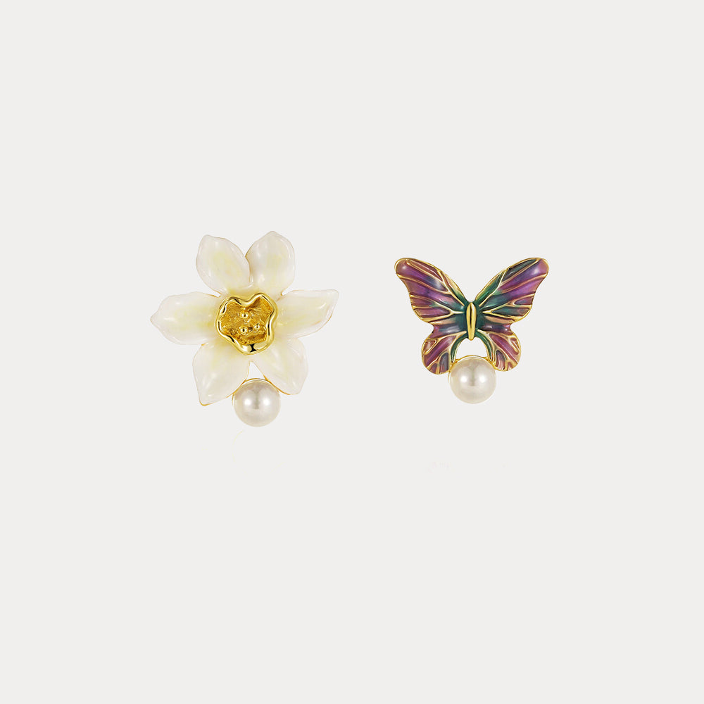 Daffodils & Butterfly Enamel Stud Earrings