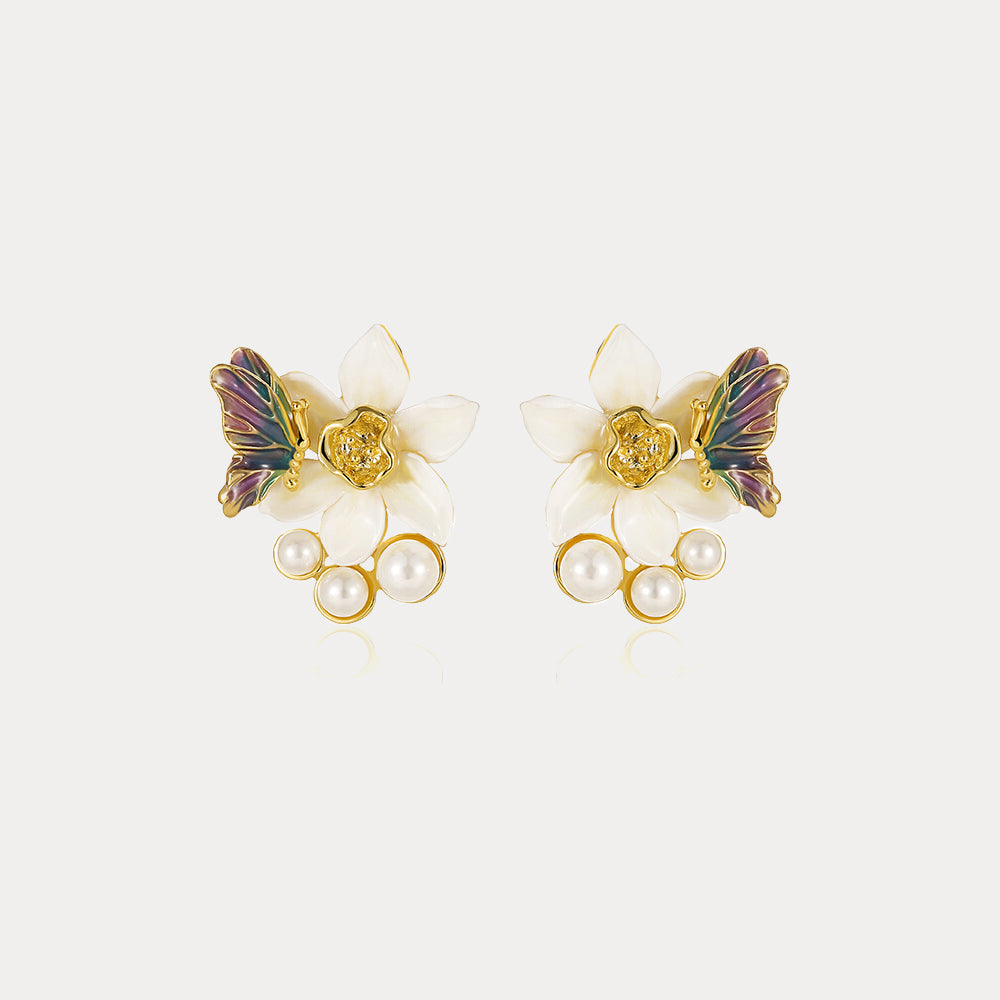 Selenichast Daffodils & Butterfly Stud Earrings