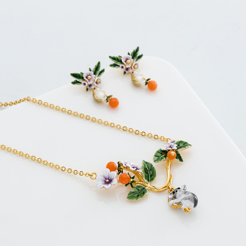 orchard squirrel enamel jewelry set