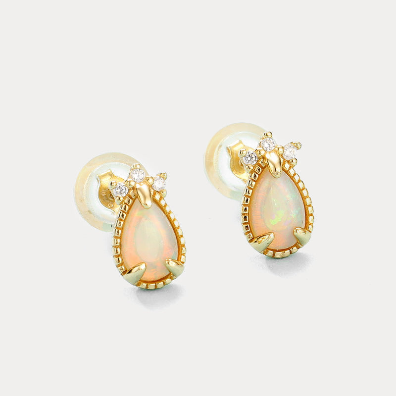 Drop Opal Stud Diamond Earrings