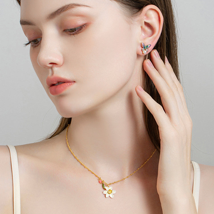 Daffodils & Butterfly Gold Stud Earrings