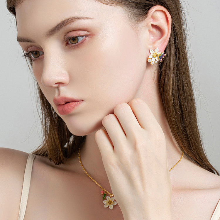 Gold Daffodils & Butterfly Stud Earrings