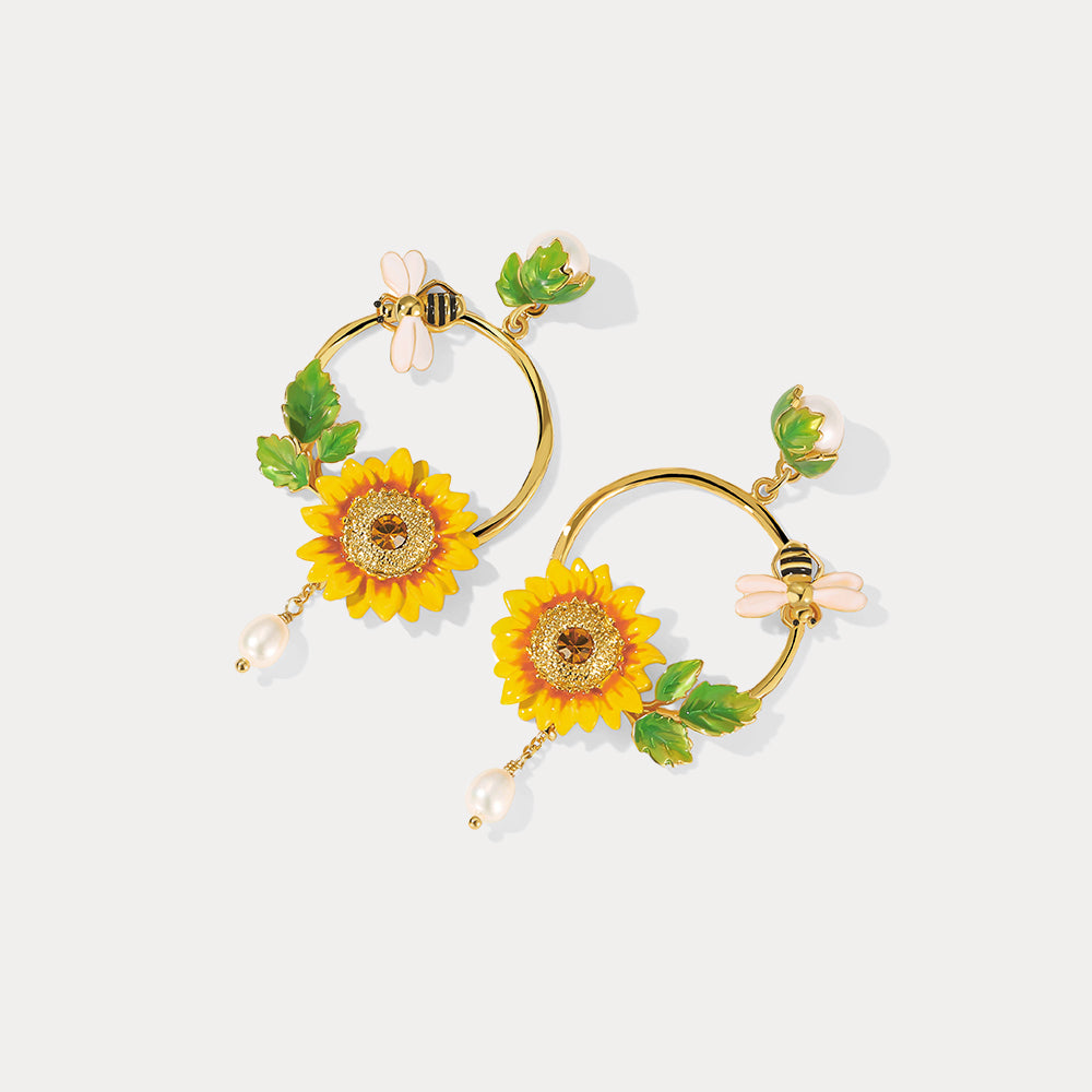 Sunflower & Bee Dangling Earrings