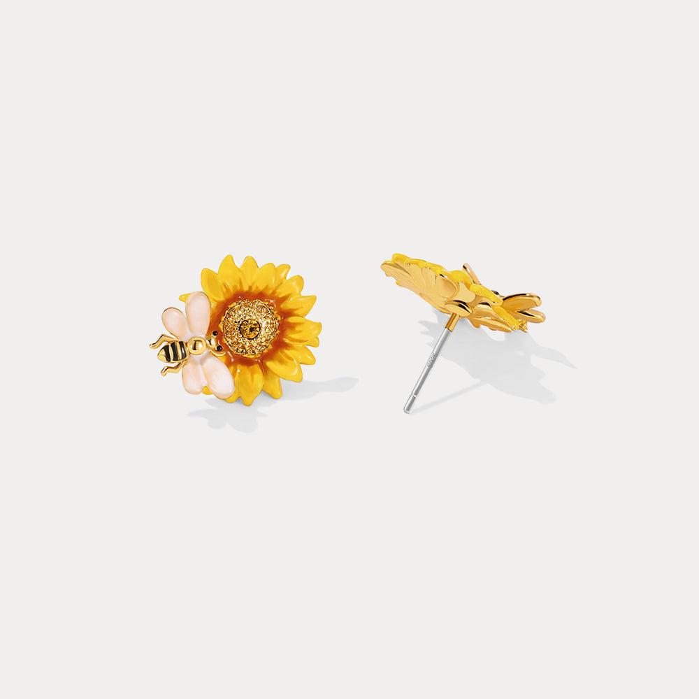 Sunflower & Bee Stud Silver Earrings