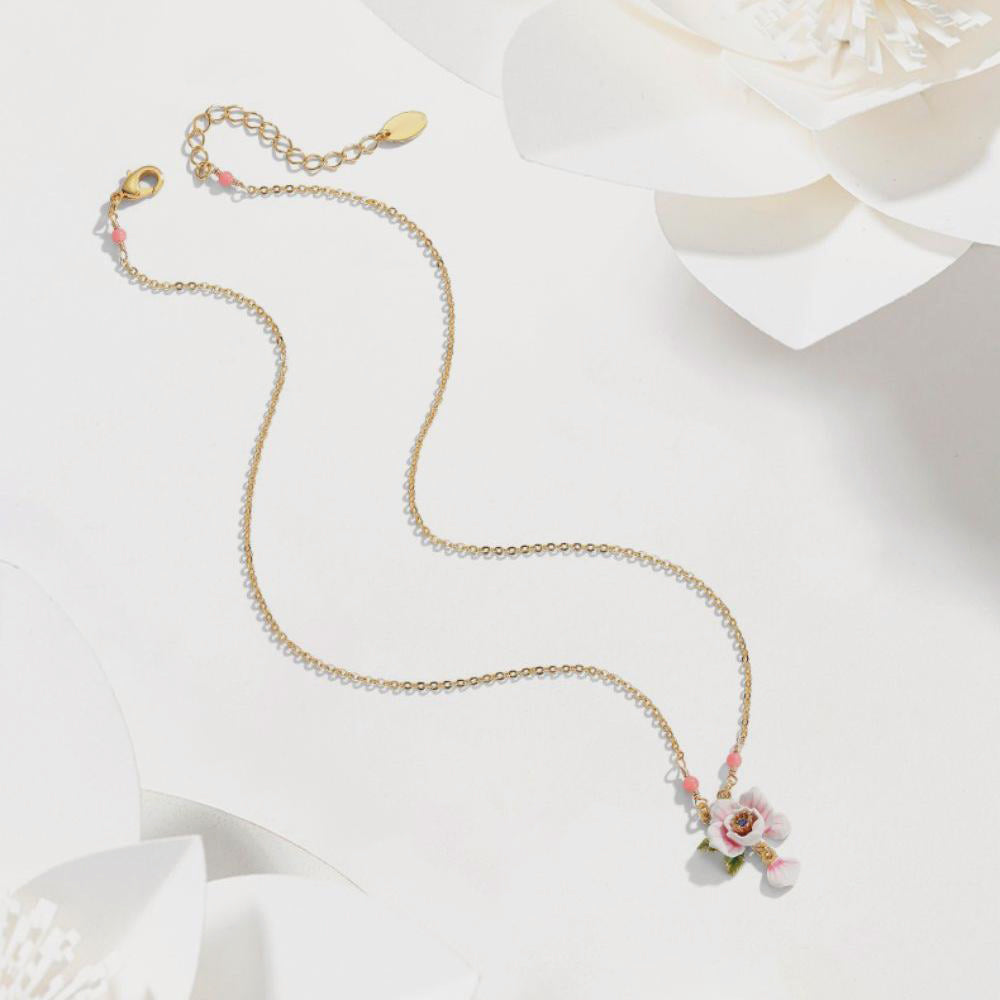 enamel pink rose necklace