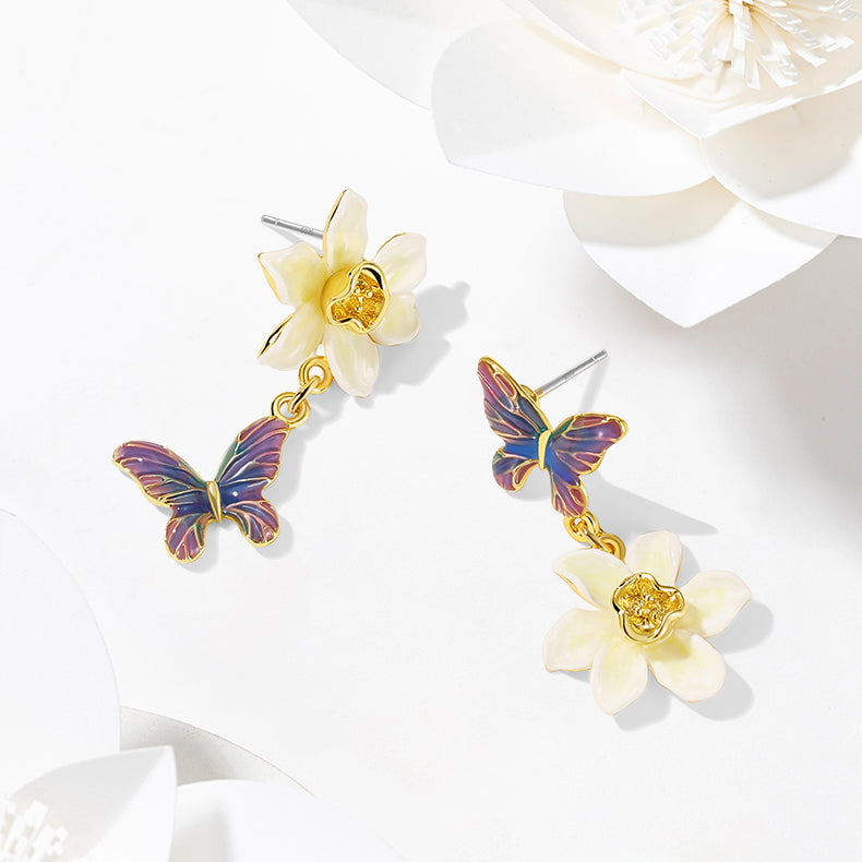 Enamel Daffodils & Butterfly Earrings