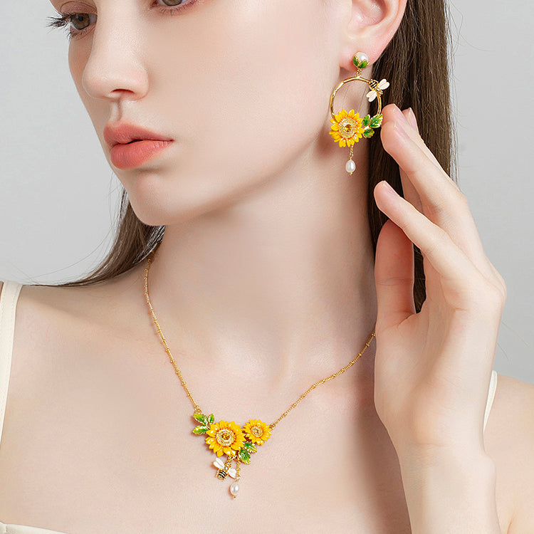 Enamel Sunflower & Bee Earrings