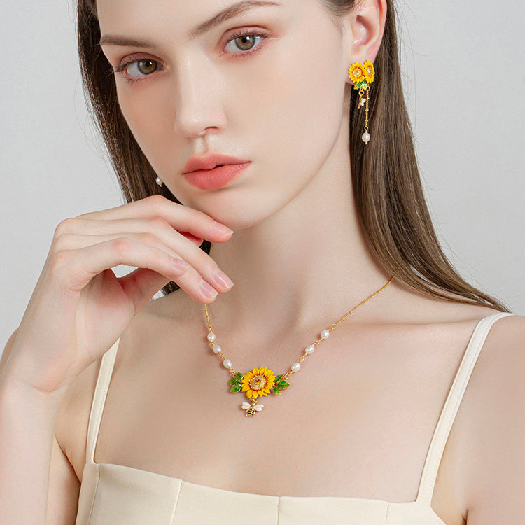Enamel Sunflower & Bee Necklace