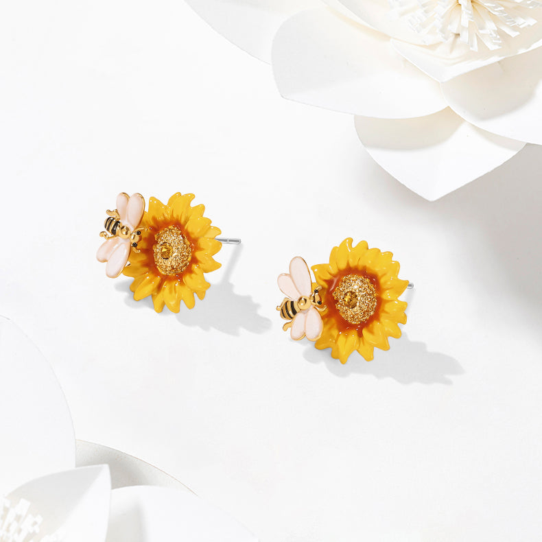 Sunflower & Bee Stud Earrings for Women