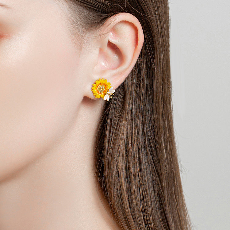 Sunflower & Bee Enamel Stud Earrings