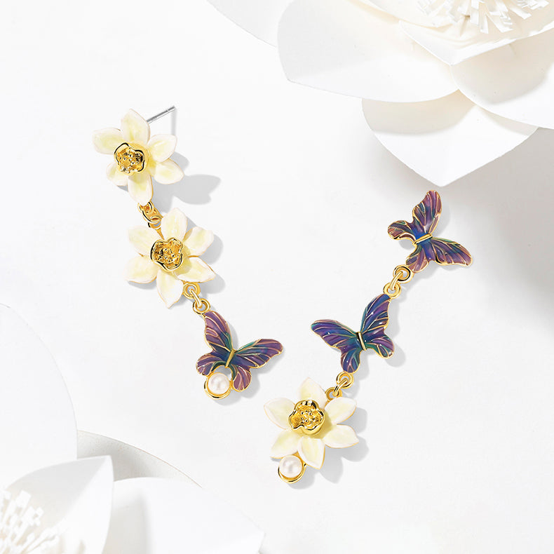Daffodils & Butterfly Pearl Earrings