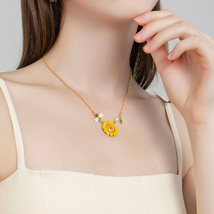 Enamel Sunflower & Bee Necklace