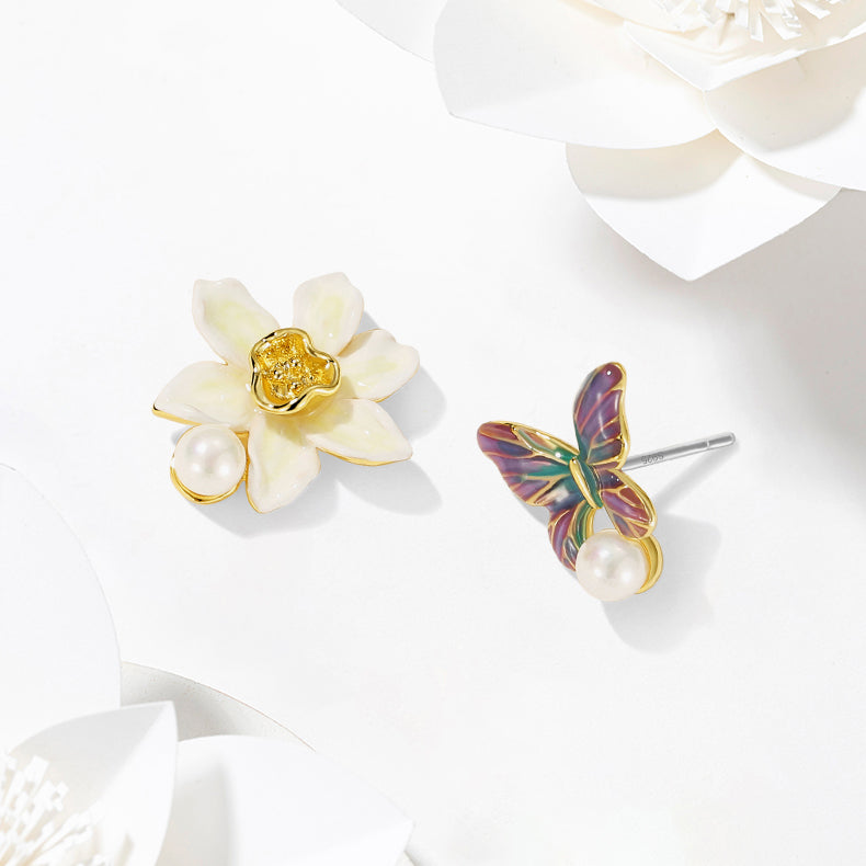 Daffodils & Butterfly Mismatch Stud Earrings
