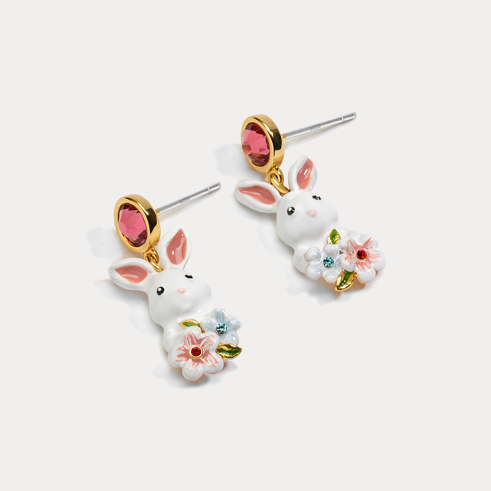 Rabbit Flower Enamel Earrings