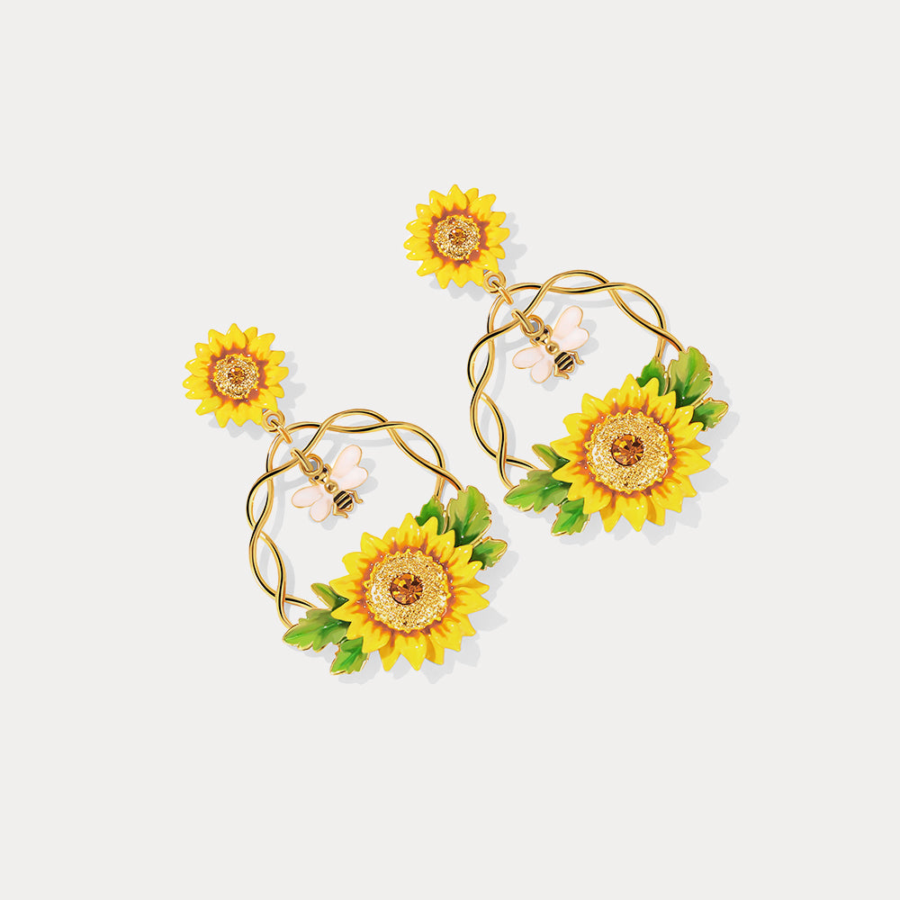 Sunflower & Bee Earrings Autumn Jewelry