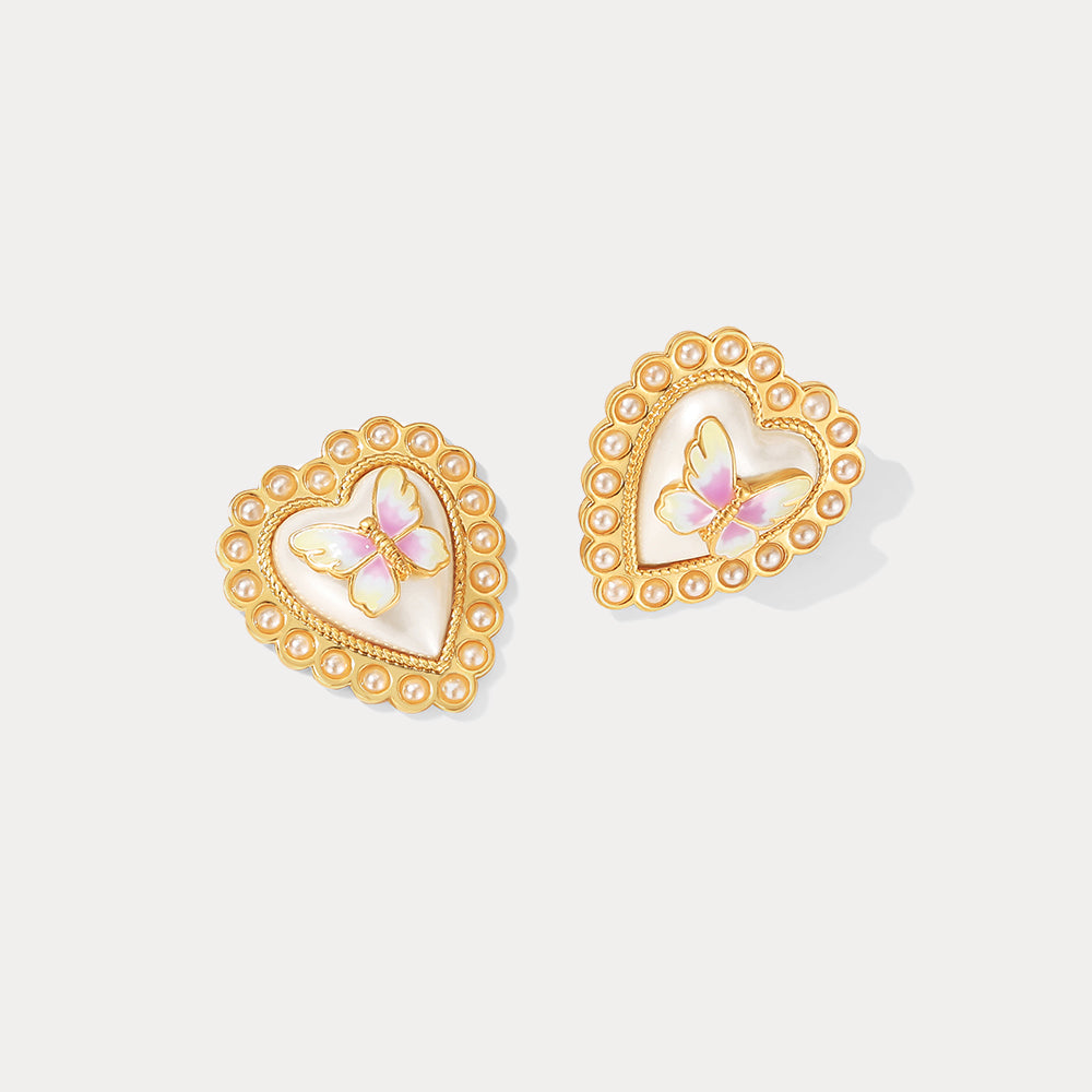 Enamel Butterfly Heart Stud Earrings