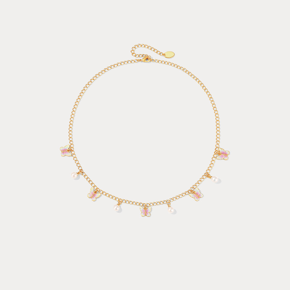Pink Butterfly Enamel Necklace