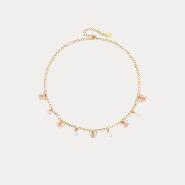 Pink Butterfly Enamel Necklace