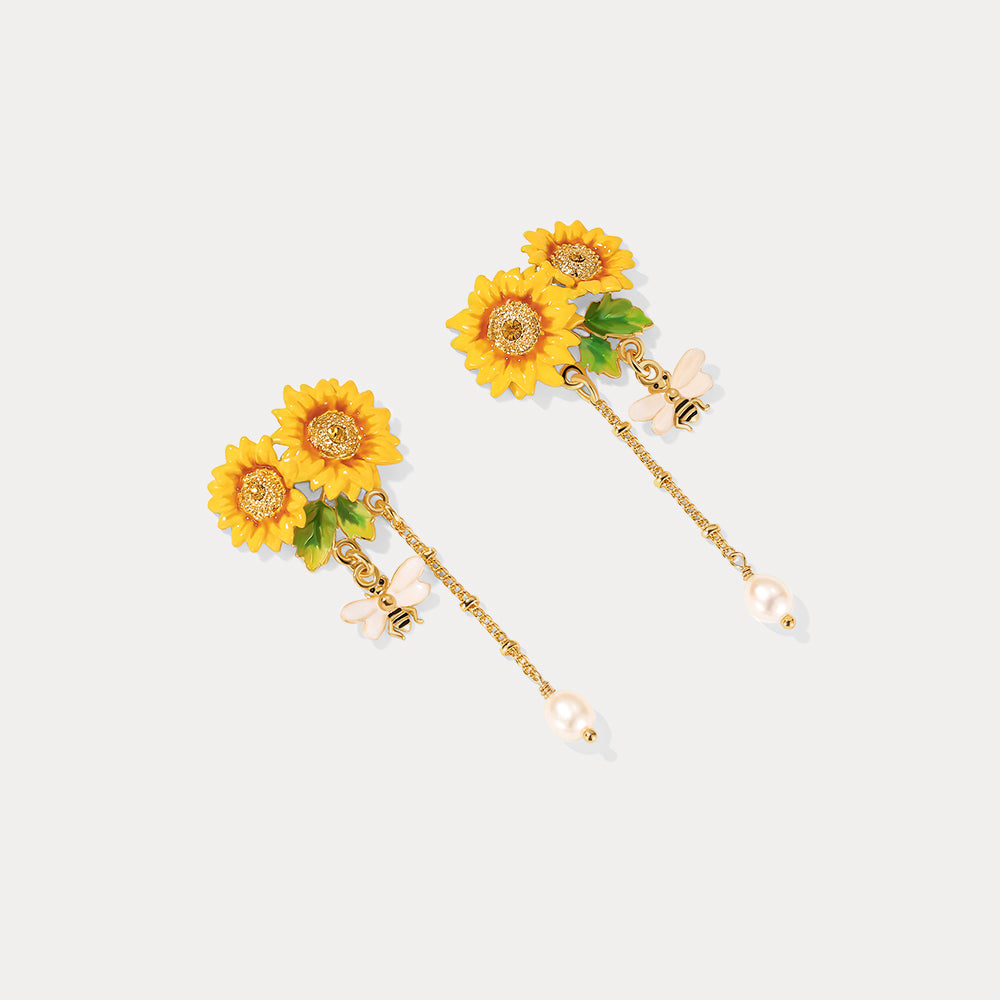 Sunflower & Bee Pearl Earrings