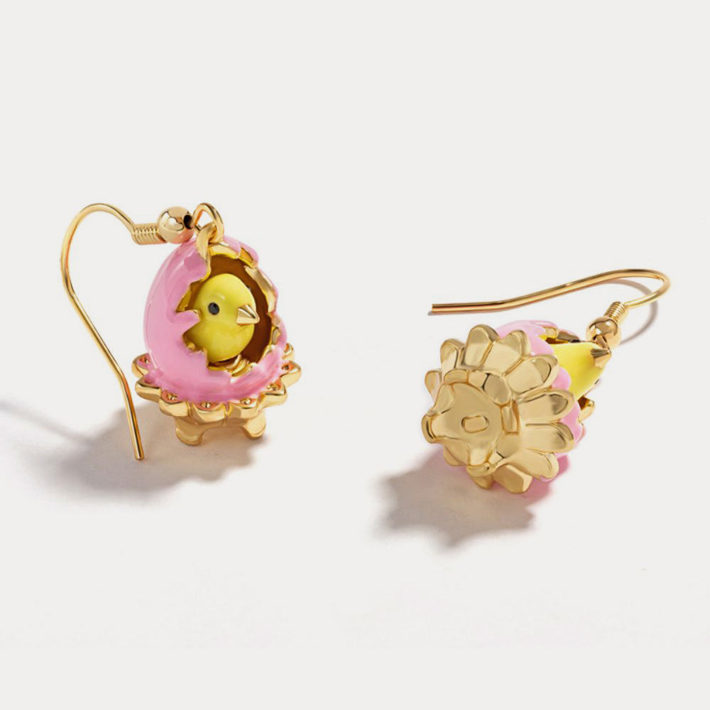 Gold Easter Chick Hatching Out of Egg Earrings