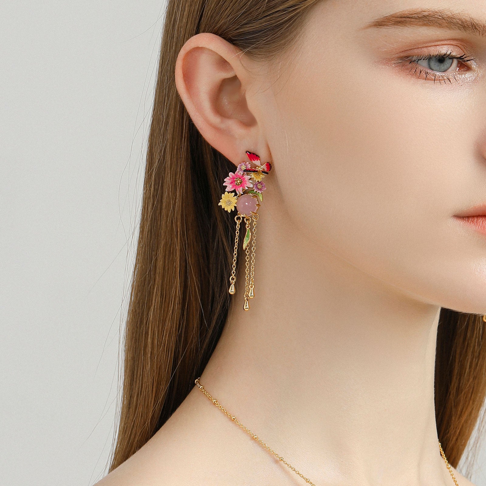 Pink Butterfly Love Flower Tassel Earrings