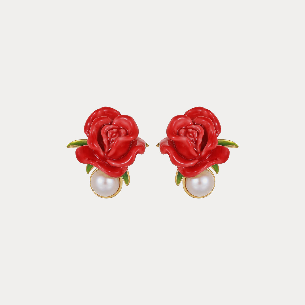 Enamel Rose Pearl Stud Earrings