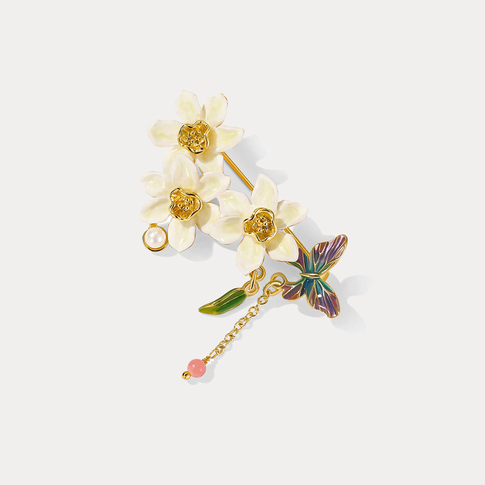 Enamel Daffodils & Butterfly Brooch